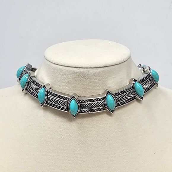 Boho Turquoise Marquise Silver Choker Necklace - Picture 4 of 8